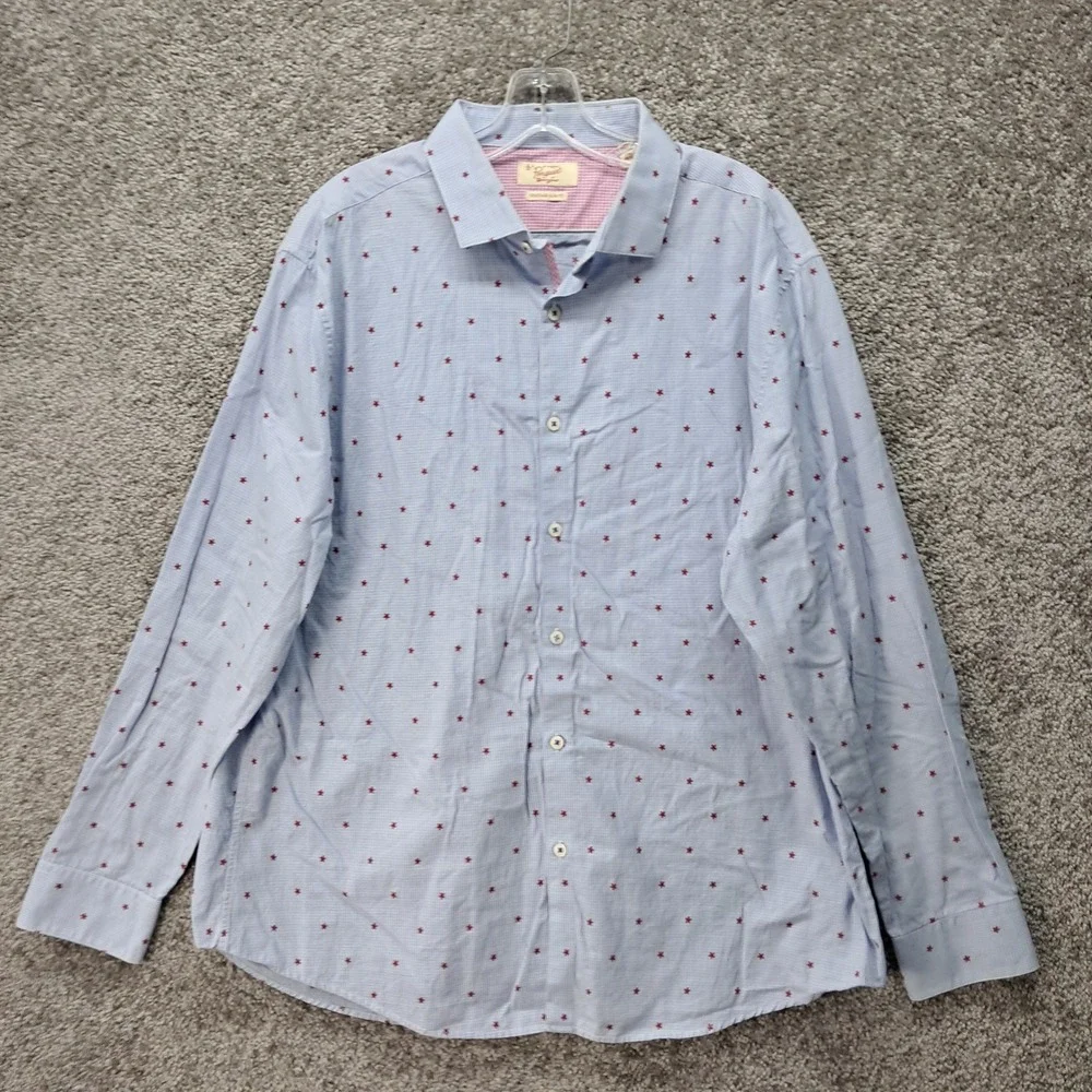 Original Penguin Mens Heritage Slim Fit Blue Floral Star Button‎ Down Shirt 17.5